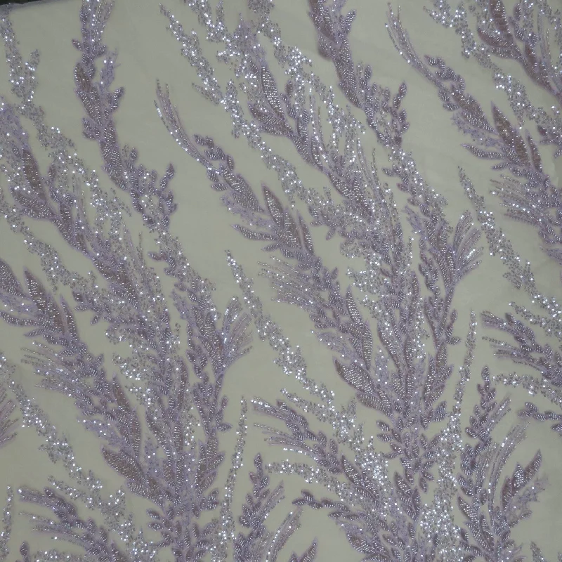 Lilac Abstract Tulle with Bugle Beads and Sequin Embroidered Tulle Fabric