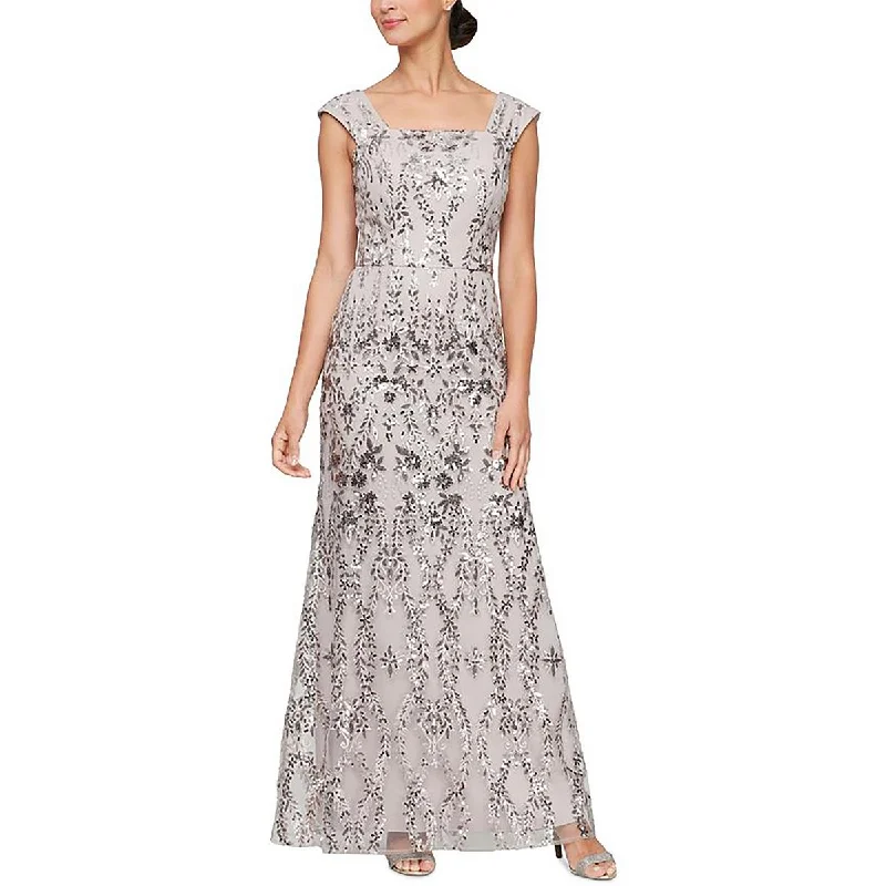 Petites Womens Sequin Embroidered Evening Dress