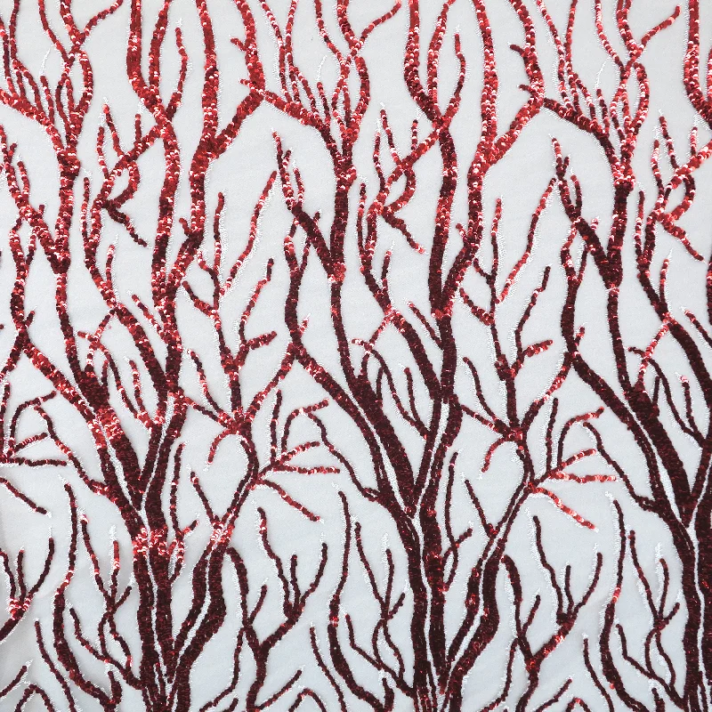 Red Sequin Branch Design Embroidered on Tulle Fabric