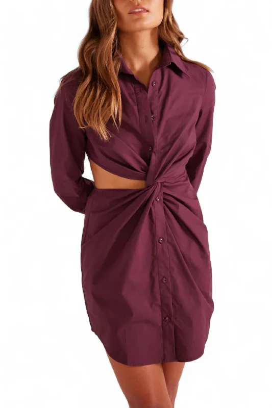 Allegra Twisted Shirt Dress In Burgundy