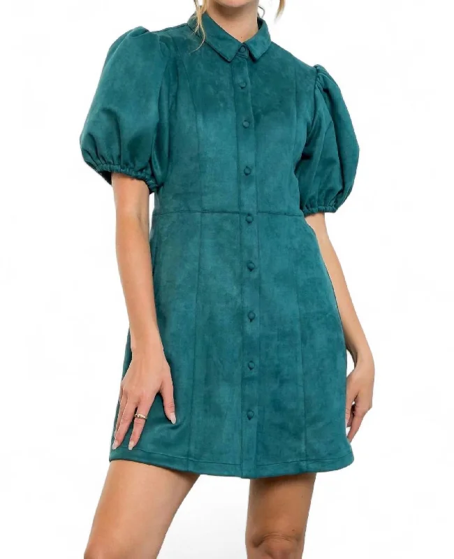 Gene Faux Leather Button Front Shirt Dress In Teal