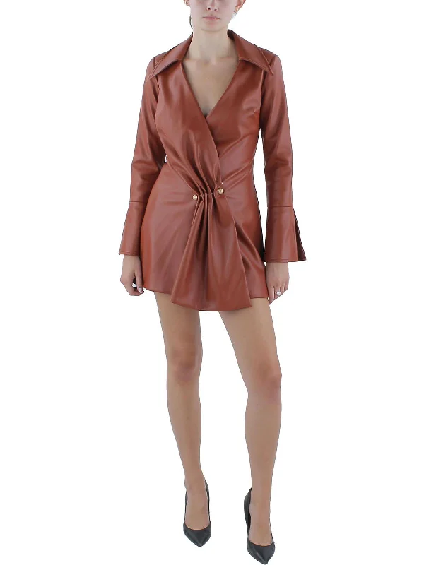 Mari Womens Faux Leather Short Shirtdress