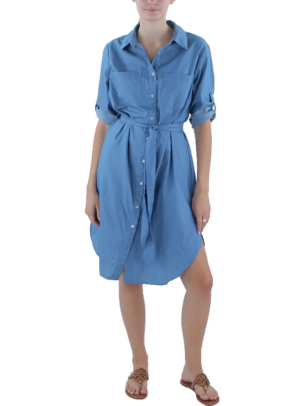 Petites Womens Chambray Knee-Length Shirtdress