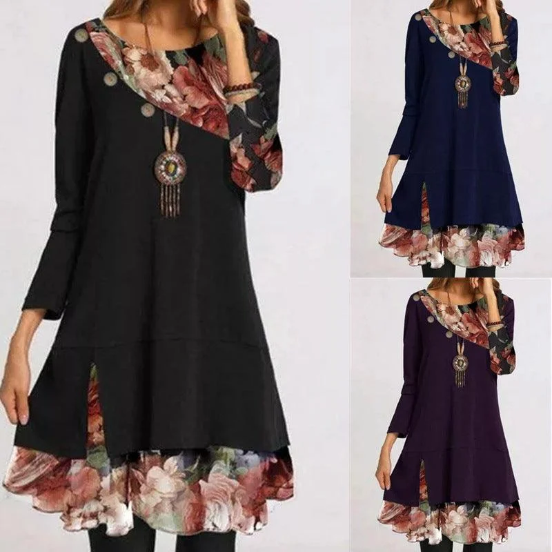 Spring New Women's  Hot Style Fashion Chiffon Printing Loose Plus Size Dress