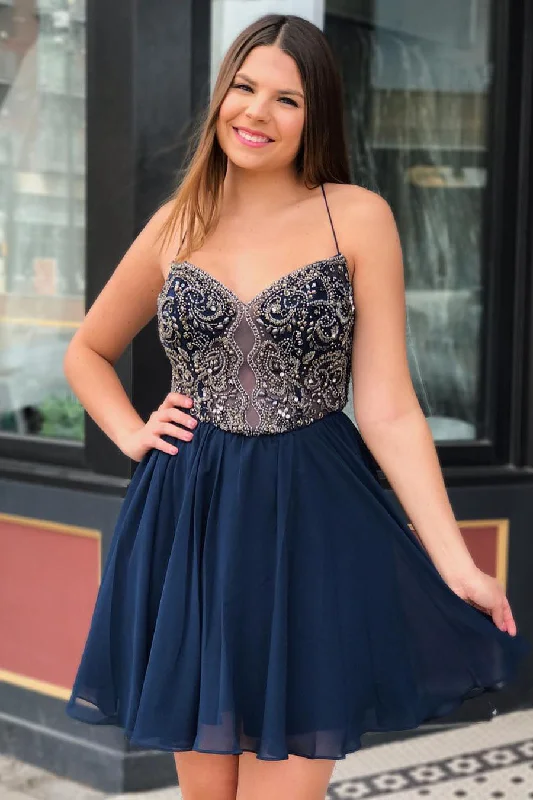 Plus Size Beading Chiffon Navy Blue Homecoming Dress